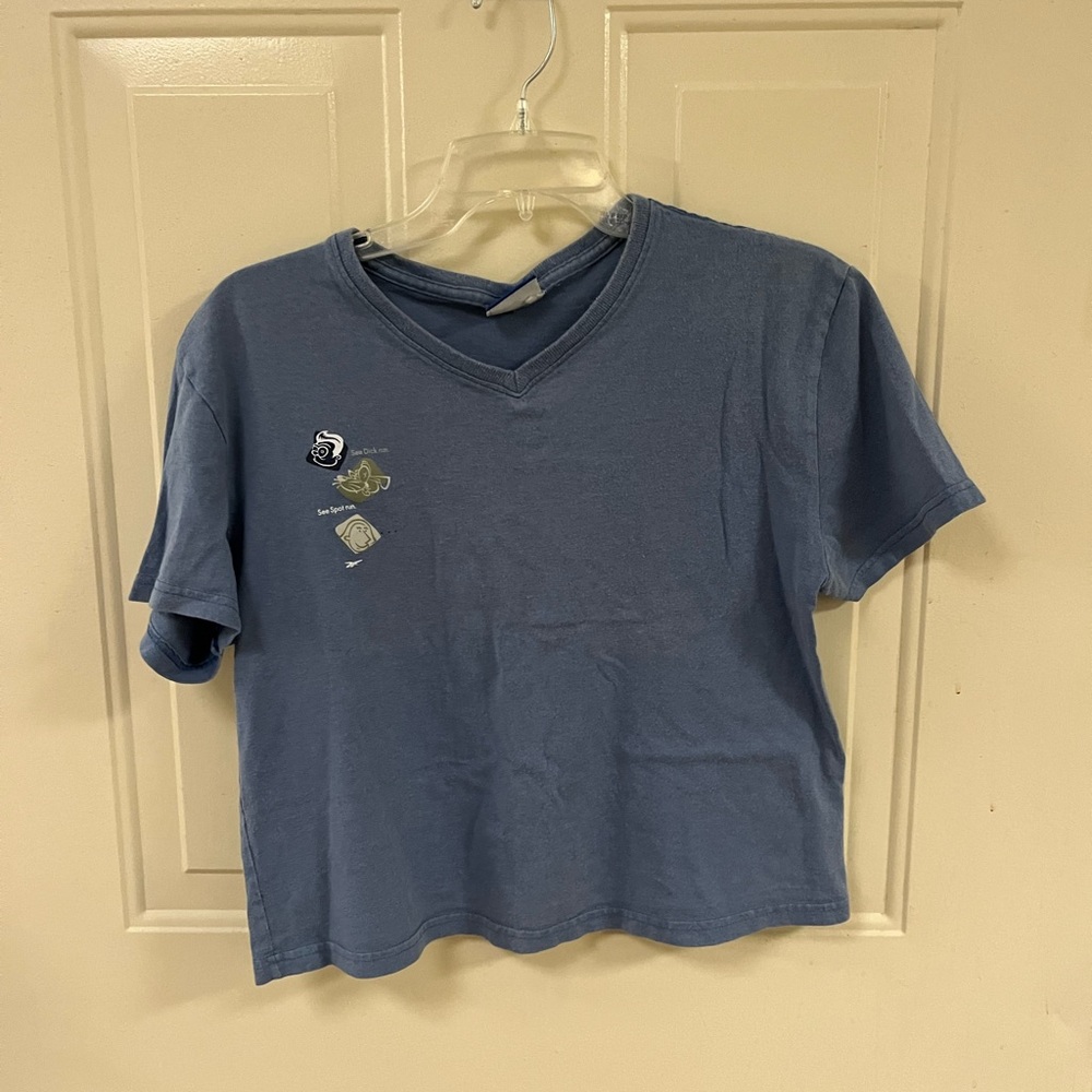 Vintage Reebok Blue Short Sleeve V-Neck Tee with Small Graphics